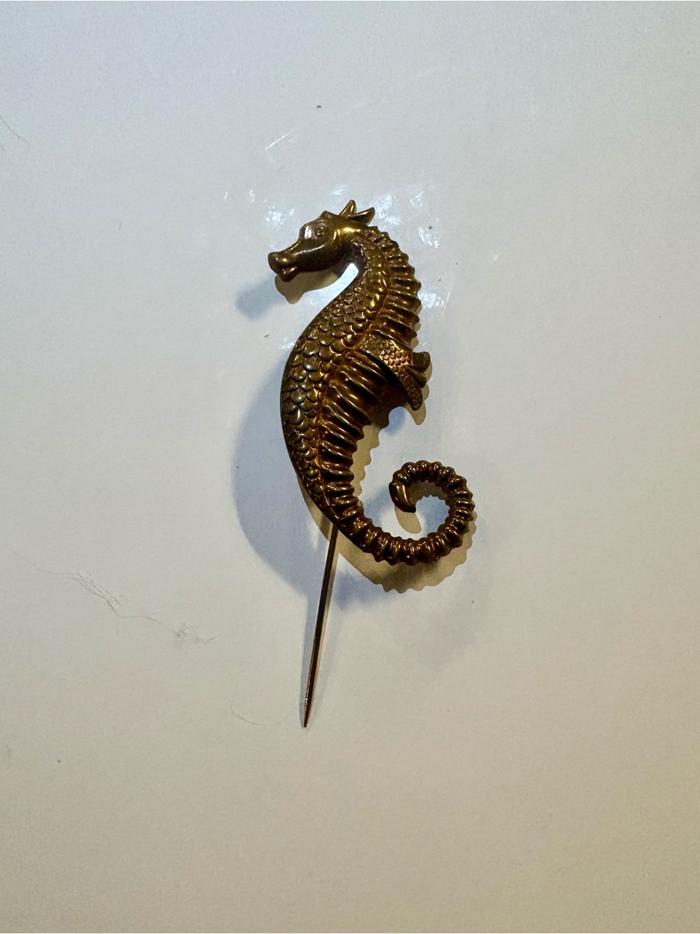 Vintage Seahorse Stick Pin • Lightweight Gold Tone / Coppery Finish • 3.25"